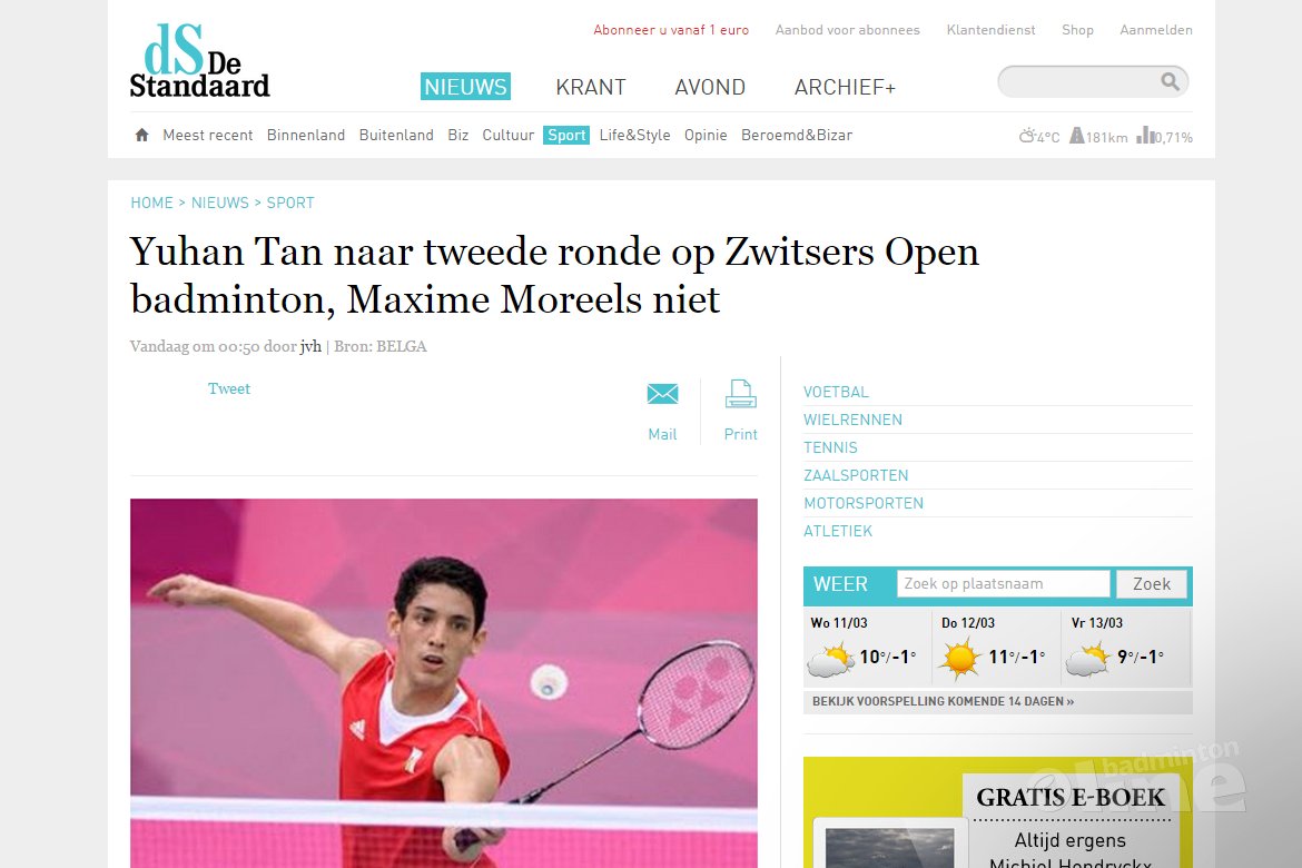 Yuhan Tan naar tweede ronde op Zwitsers Open badminton, Maxime Moreels niet Yuhan Tan naar tweede ronde op Zwitsers Open badminton, Maxime Moreels niet