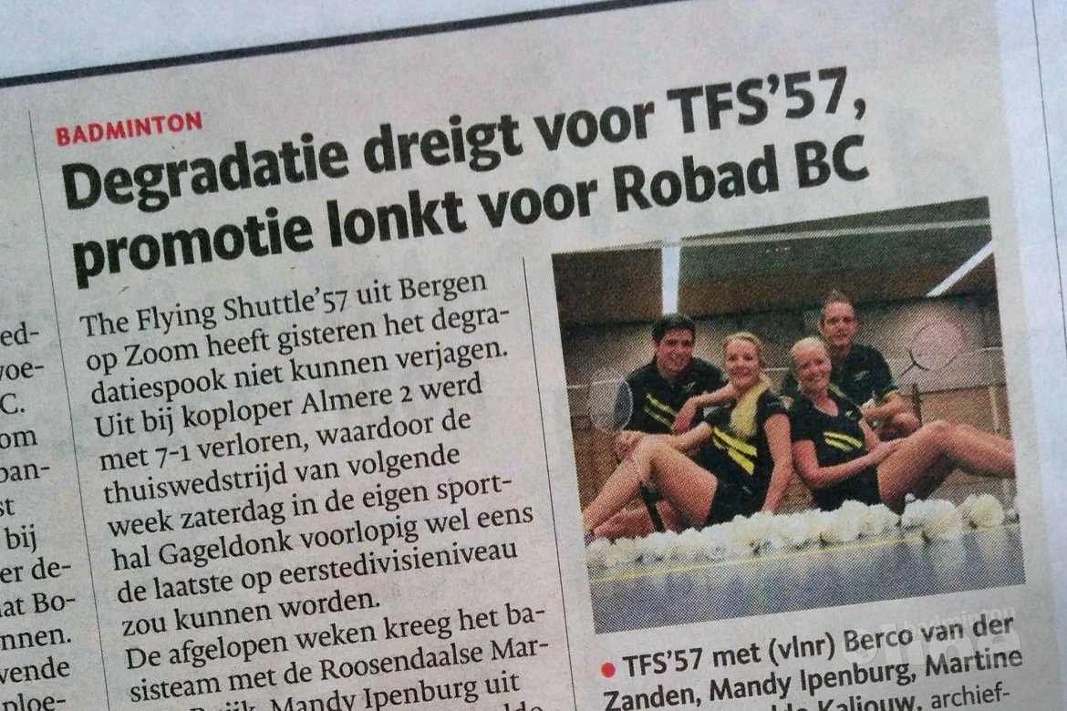 Degradatie dreigt voor TFS'57, promotie lonkt voor Robad BC Degradatie dreigt voor TFS'57, promotie lonkt voor Robad BC