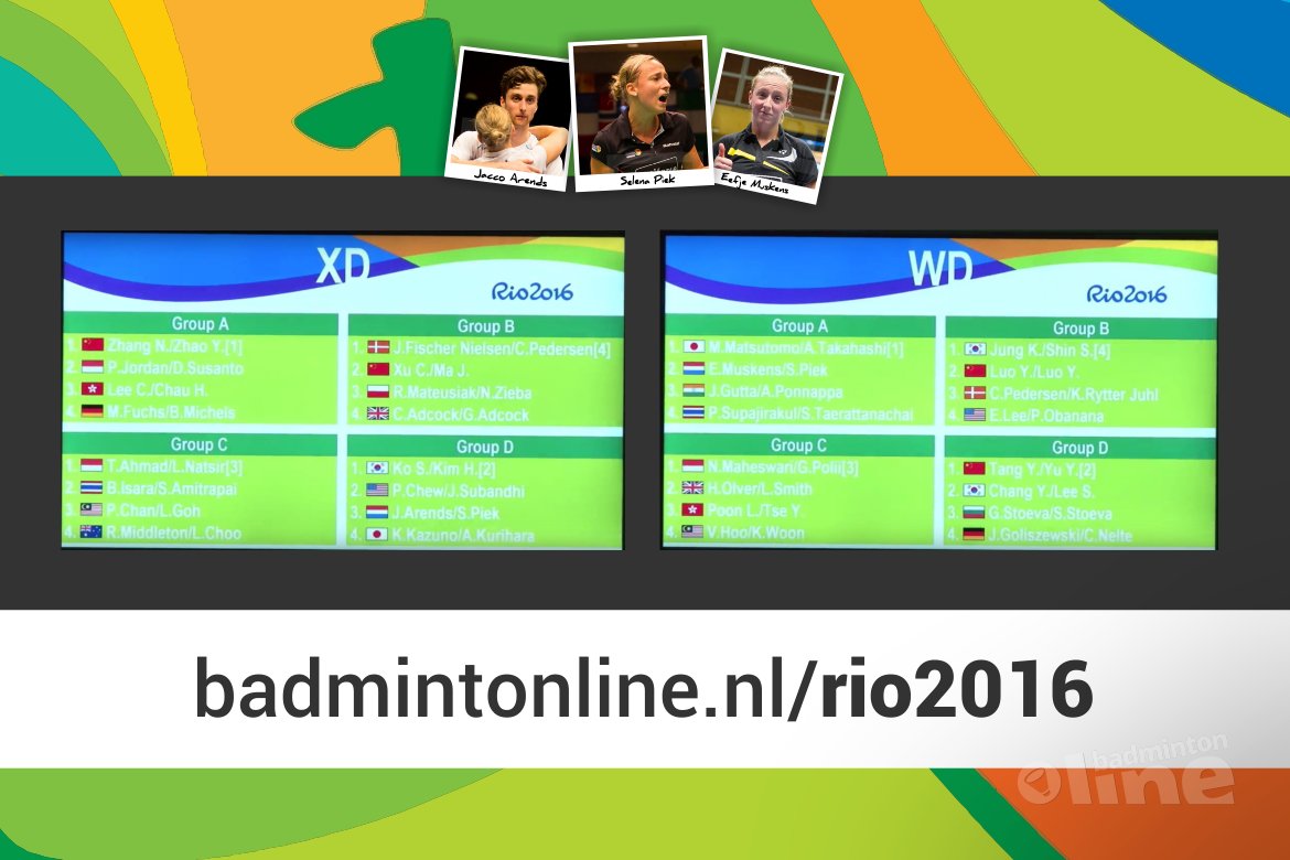 Loting Olympisch badmintontoernooi voor Jacco Arends, Selena Piek en Eefje Muskens bekend Loting Olympisch badmintontoernooi voor Jacco Arends, Selena Piek en Eefje Muskens bekend