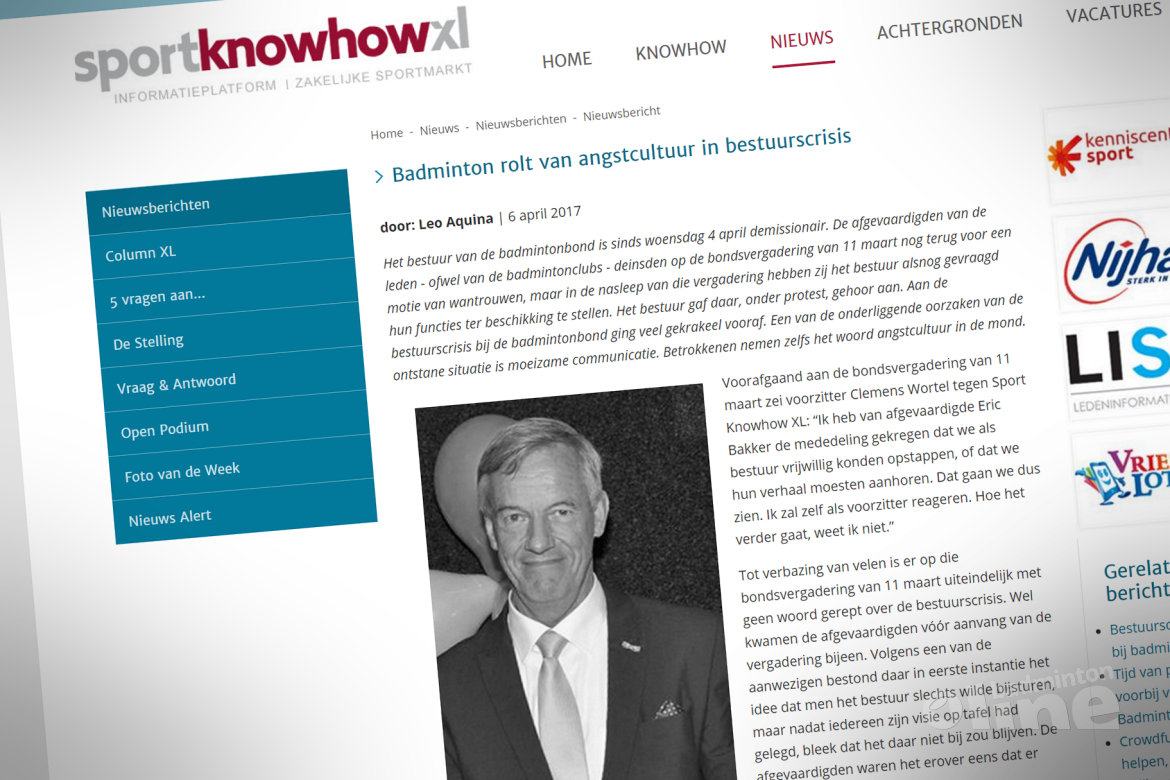 Sport Knowhow XL: Badminton rolt van angstcultuur in bestuurscrisis Sport Knowhow XL: Badminton rolt van angstcultuur in bestuurscrisis